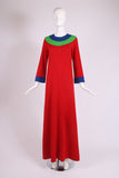 Iconic Yves Saint Laurent Red Wool Maxi Dress w/Blue & Green Trim