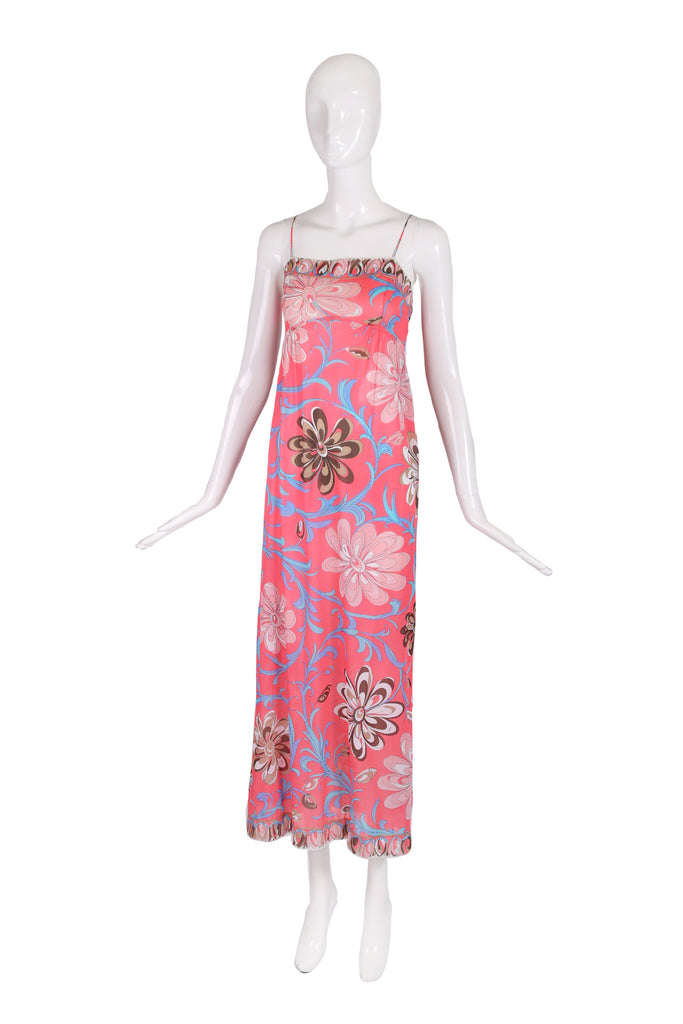 Emilio Pucci c.1970's Pink Multicolor Signature Print Maxi Slip Dress Rachel Zabar Vintage Emilio Pucci c.1970's Pink Multicolor Signature Print Maxi Slip Dress Rachel Zabar Vintage