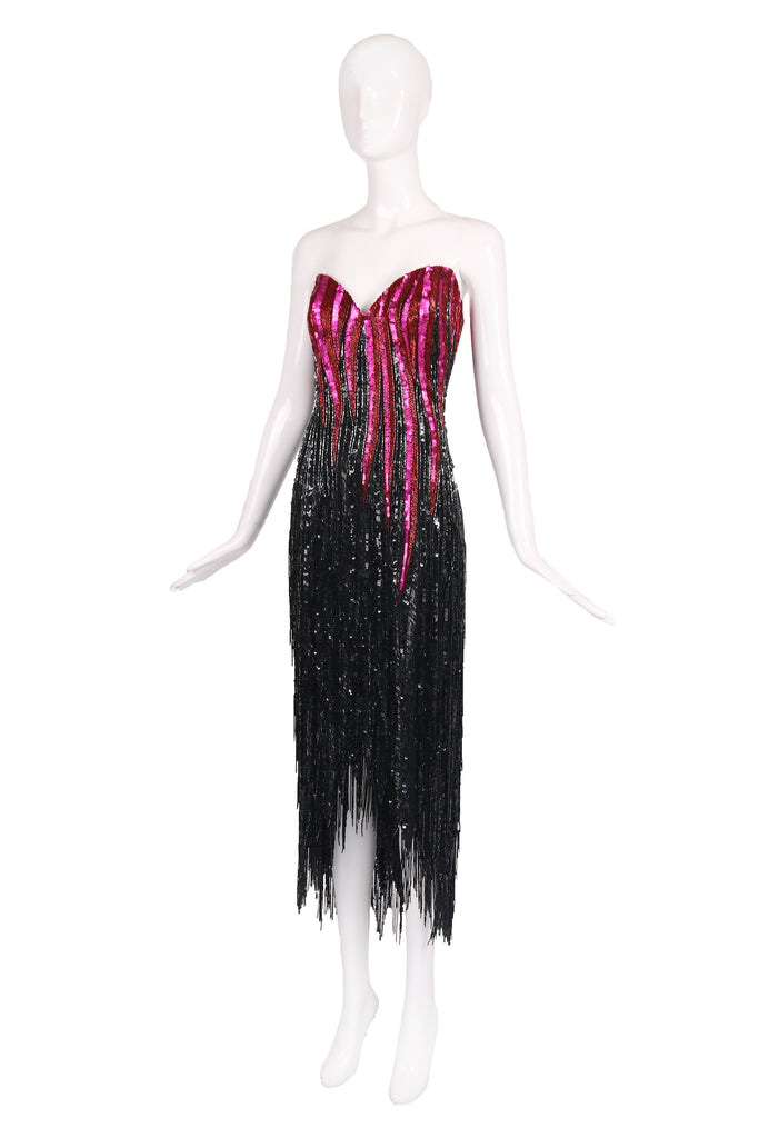 bob mackie cocktail dress 1990 Bob Mackie Teal-Green & Black Beaded Fringe Backless Cocktail Dress