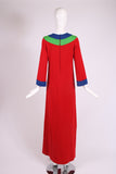 Iconic Yves Saint Laurent Red Wool Maxi Dress w/Blue & Green Trim