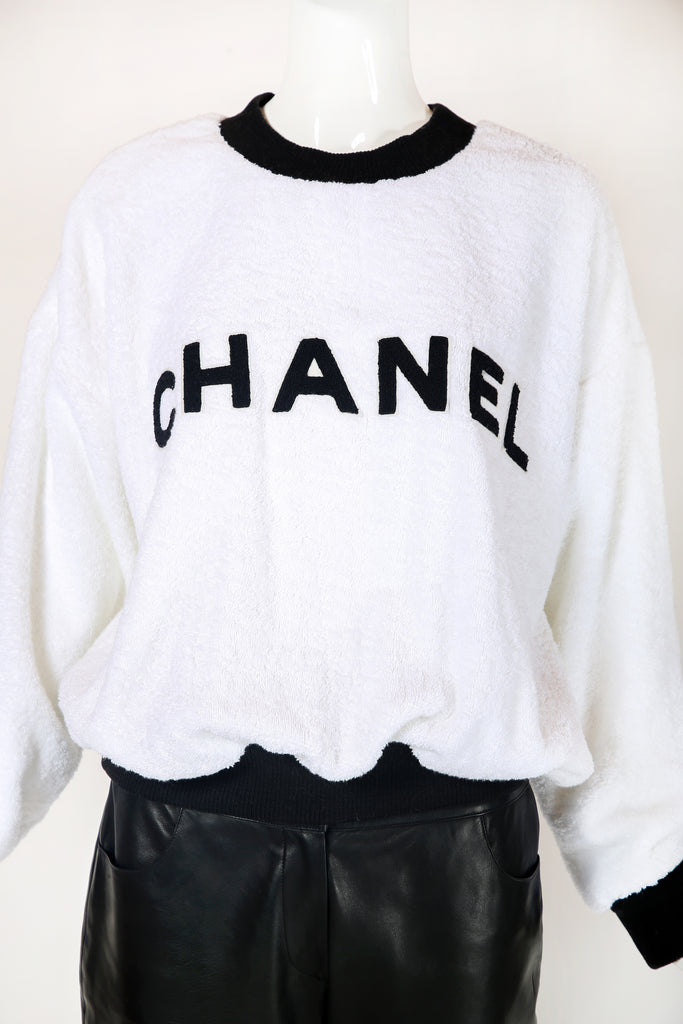 Rare Chanel White Terry Cloth Top Emblazoned with Chanel in Black Le –  Rachel Zabar Vintage