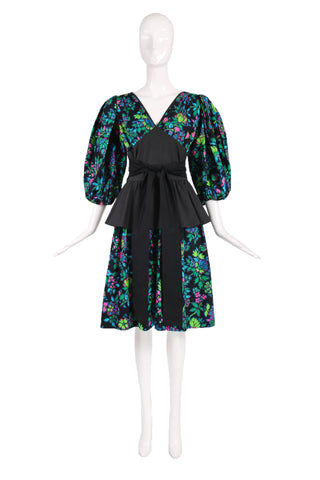 Yves Saint Laurent Floral Cotton Day Dress w/Black Peplum